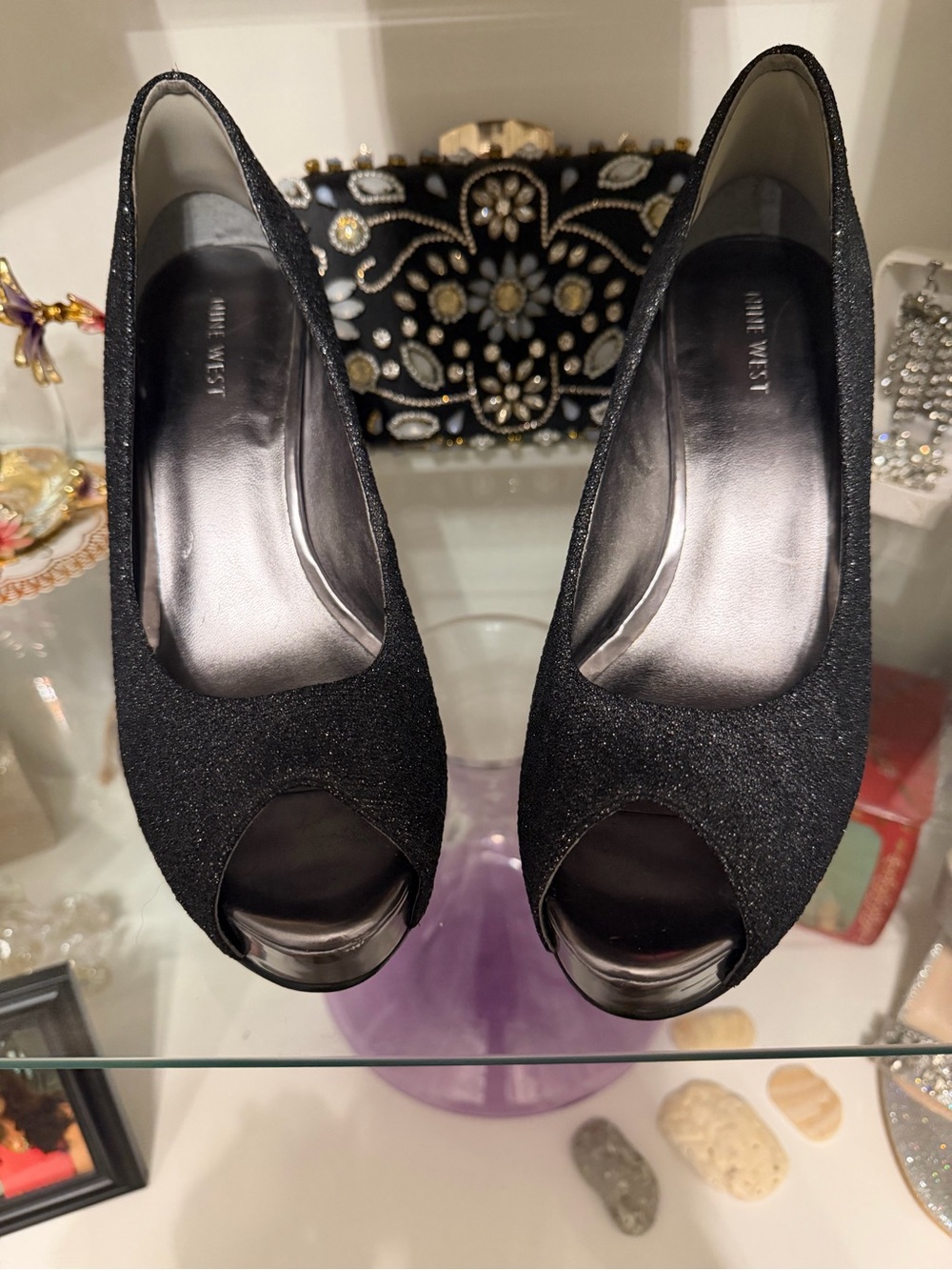 Nine West Black Glitter Peep-Toe Heels